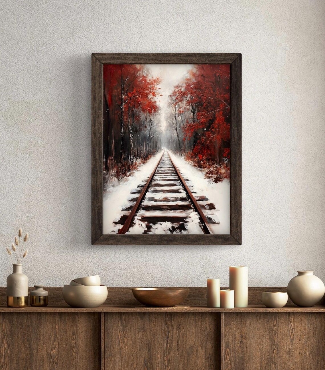 Snowy Railroad Track Through Crimson Winter Forest Moody Landscape Poster - Image 5