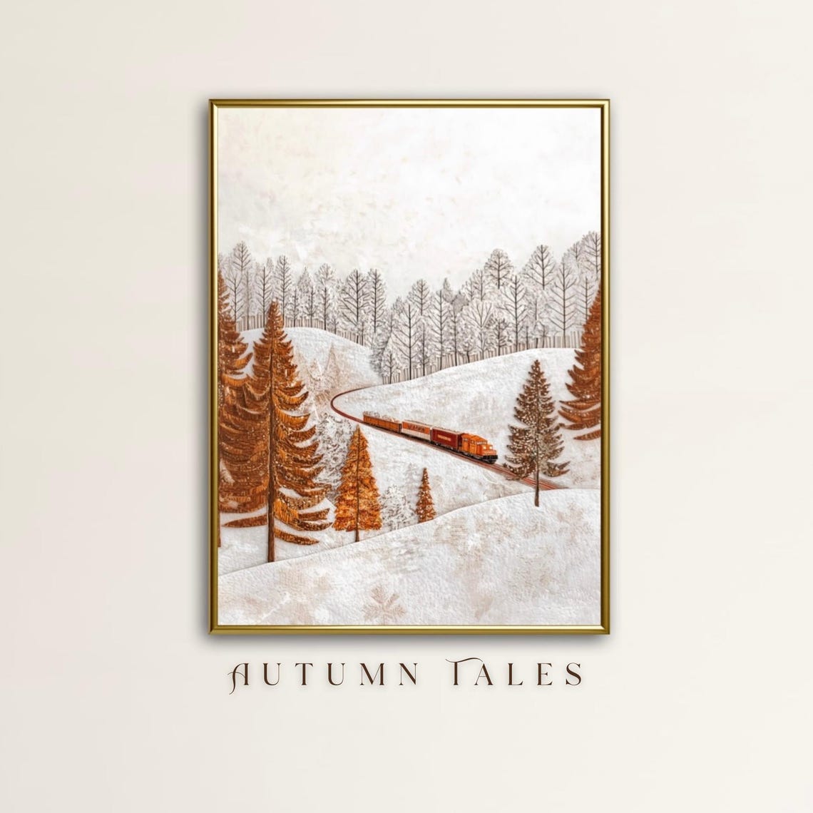 Textured Winter Train Snowy Forest Folk Art Christmas Decor Poster