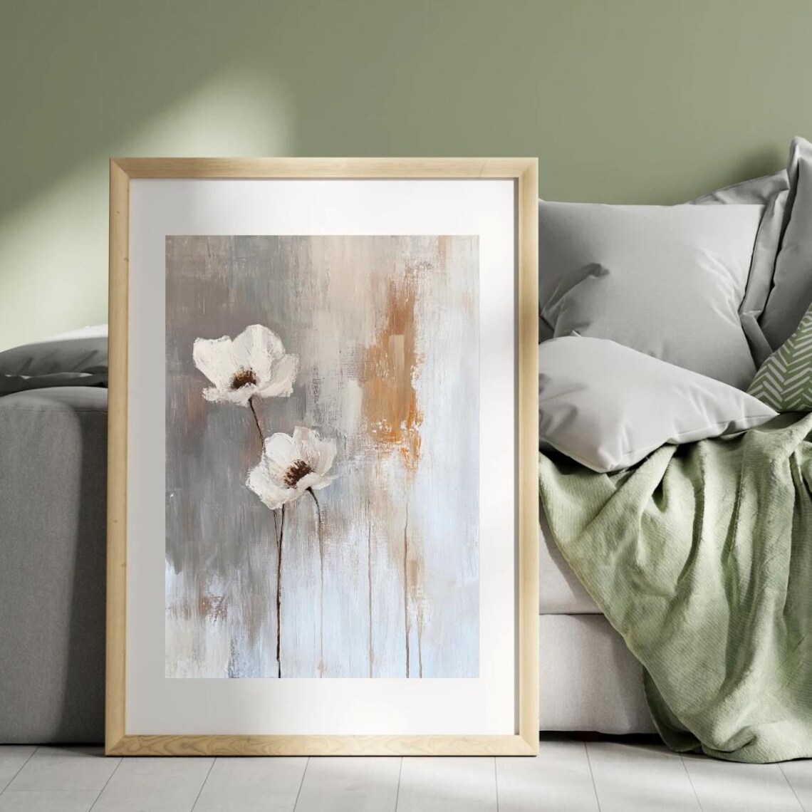 Minimalist White Flowers on Gray Abstract Wabi Sabi Botanical Wall Art Print - Image 3