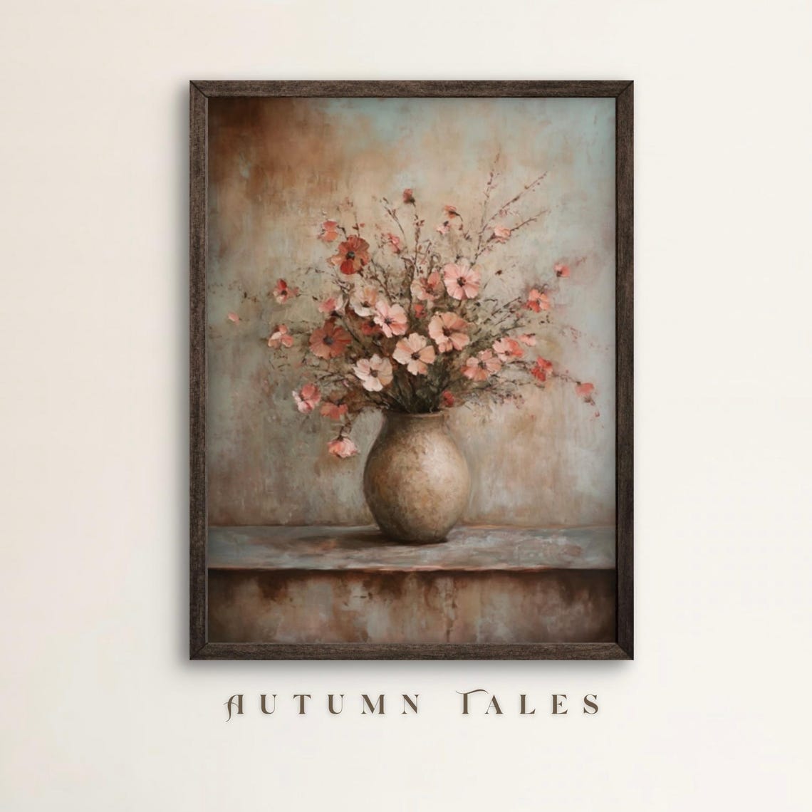 Pink Peach Wildflowers Rustic Vase Oil Painting Floral Poster
