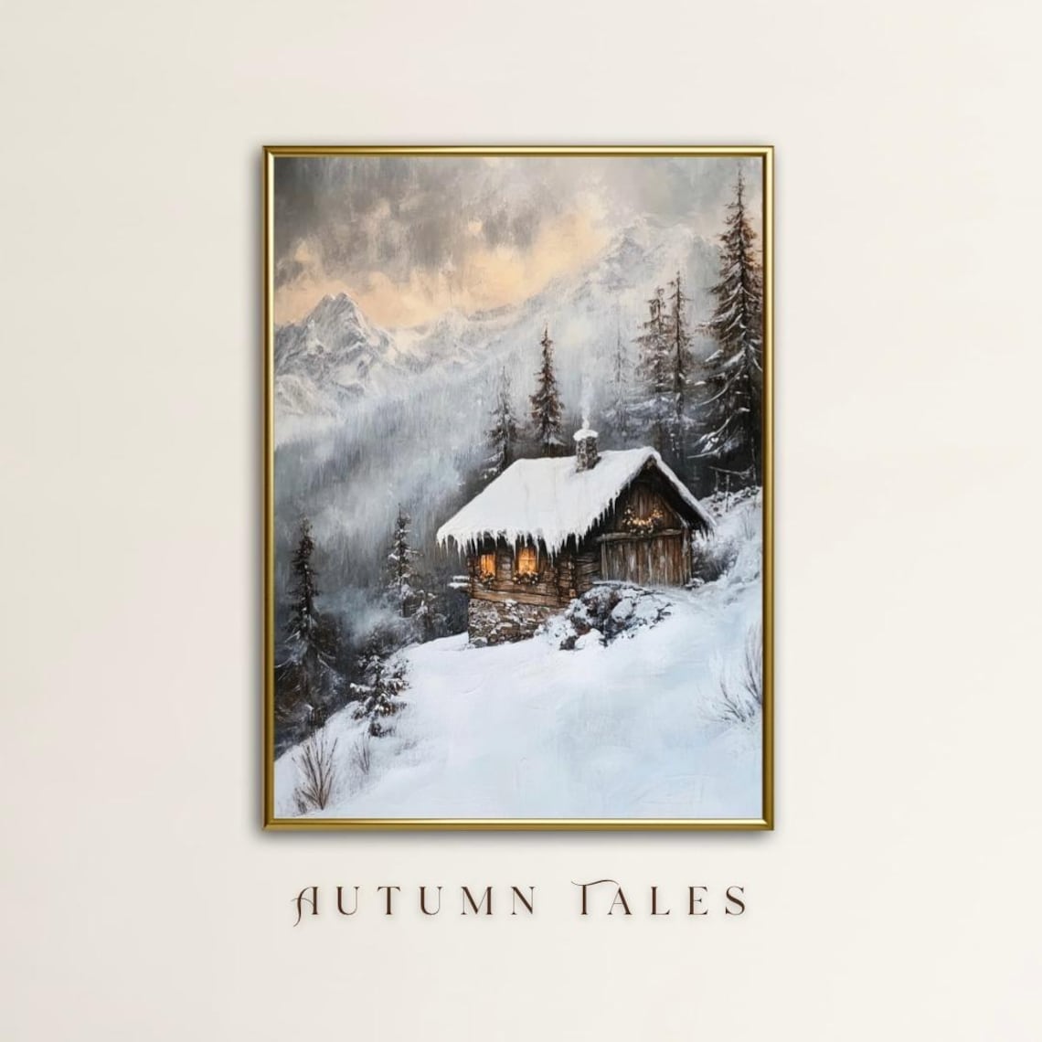 Autumn Tales Snowy Cabin Mountain Winter Landscape Cozy Vintage Art Print