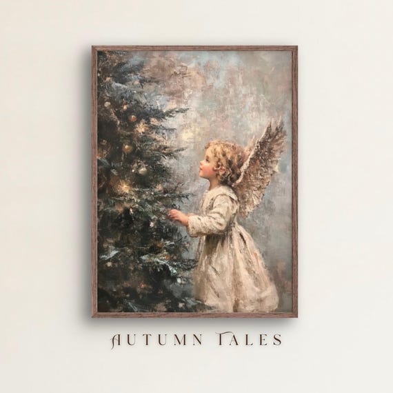Vintage Angelic Child And Christmas Tree Art Print