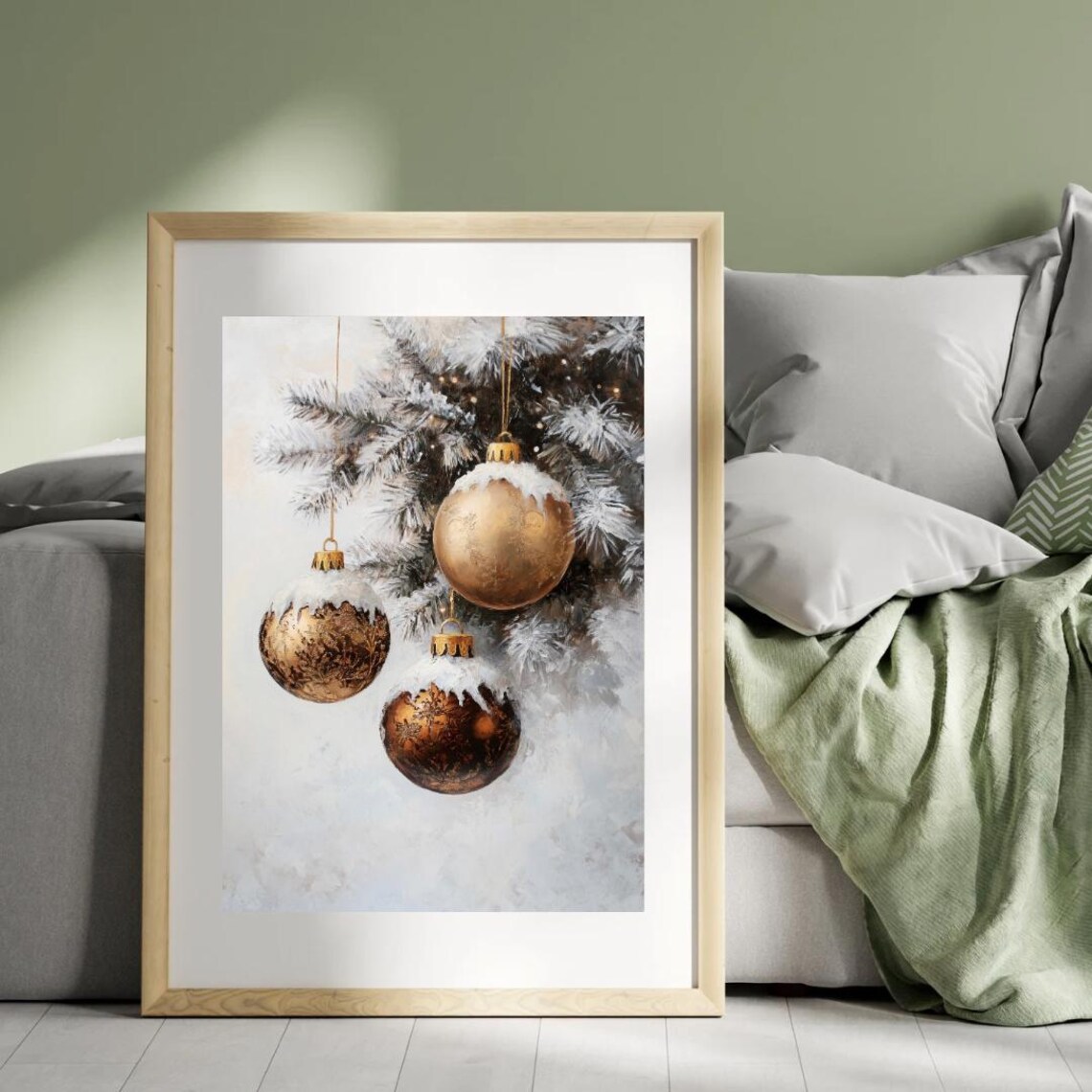Gold Christmas Ornament Art Print, Snowy Pine Tree - Image 3