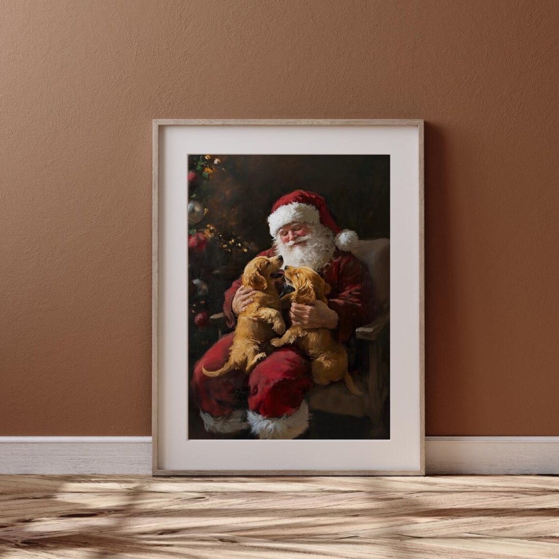 Santa And Golden Retriever Puppies Vintage Christmas Poster - Image 6