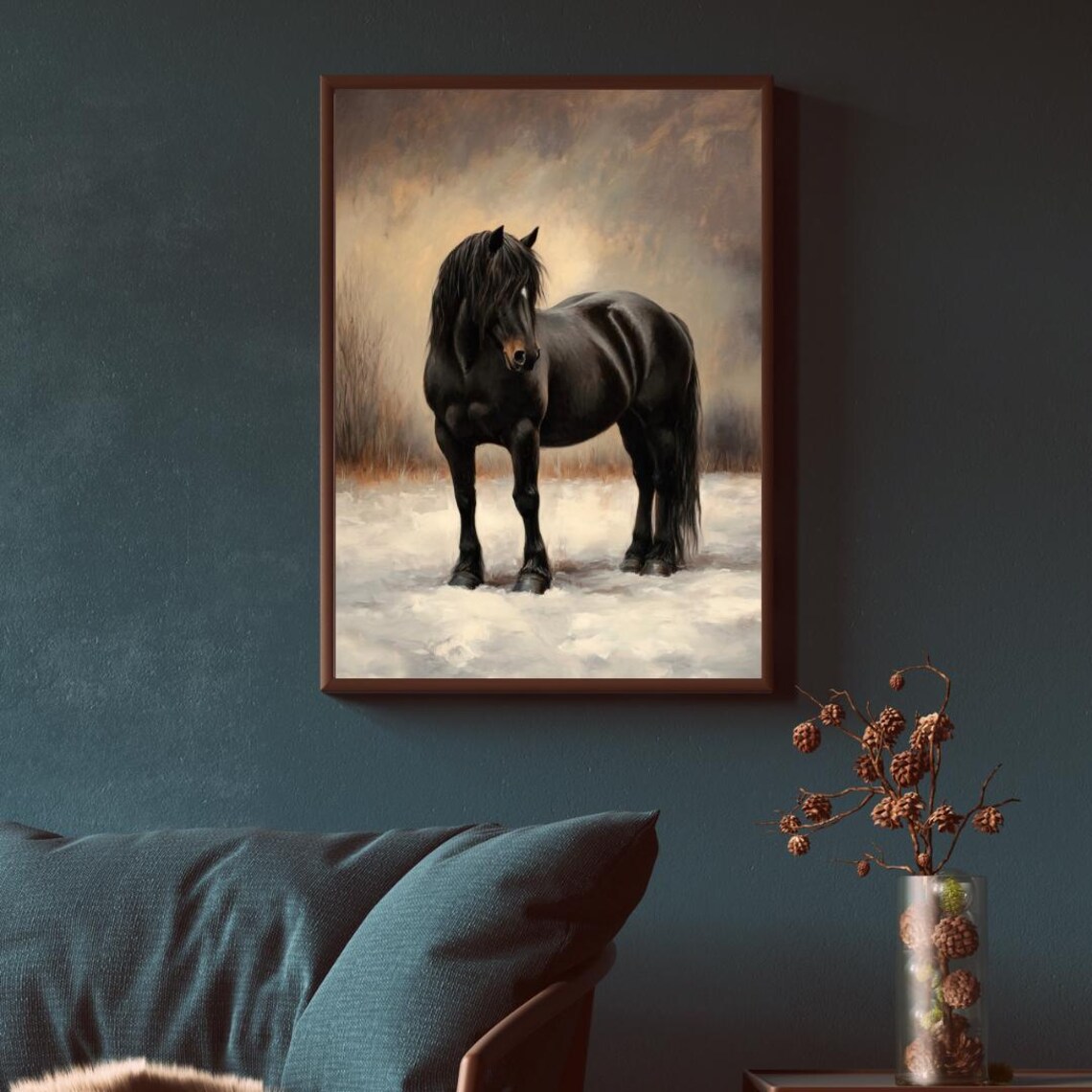 Majestic Black Draft Horse Standing In Snow Moody Winter Wildlife Art Print - Image 5