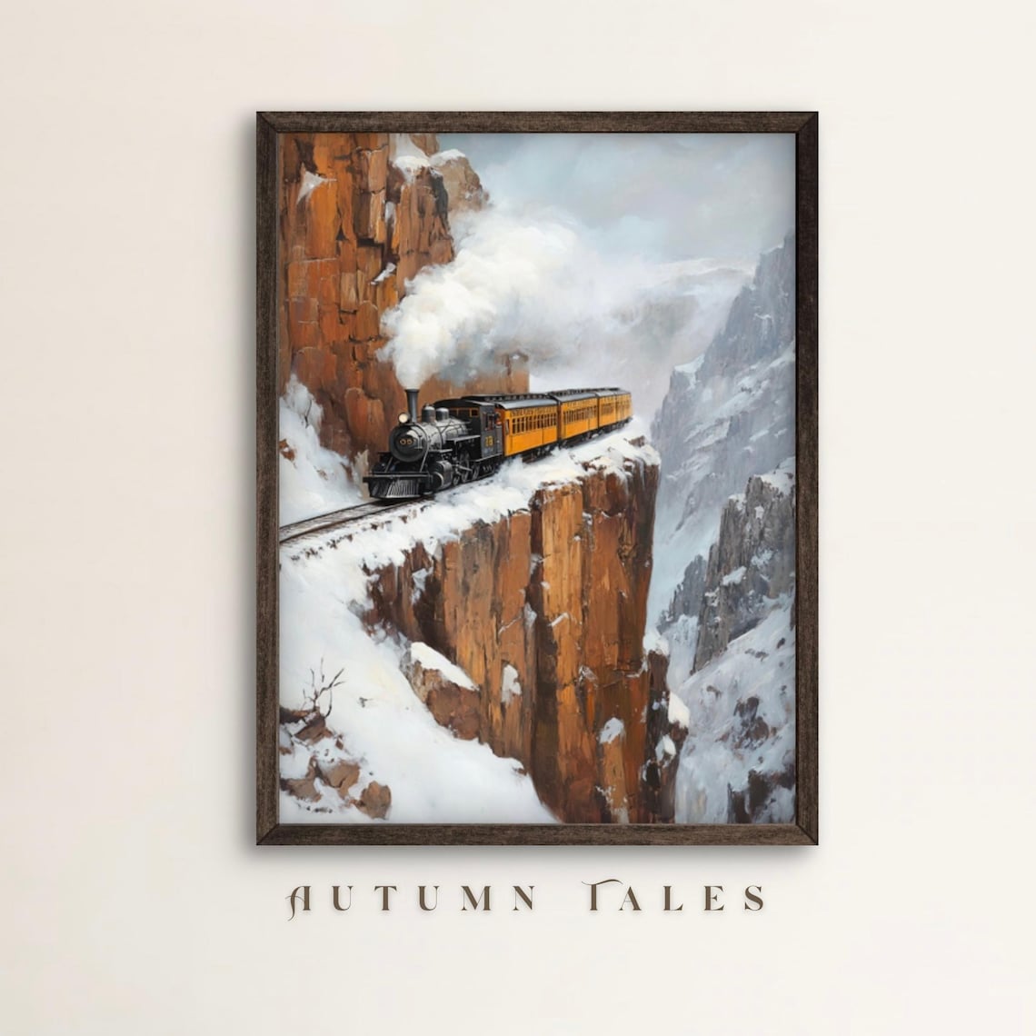 Steam Train on Snowy Cliffside Railway Through Winter Canyon Wall Art Poster