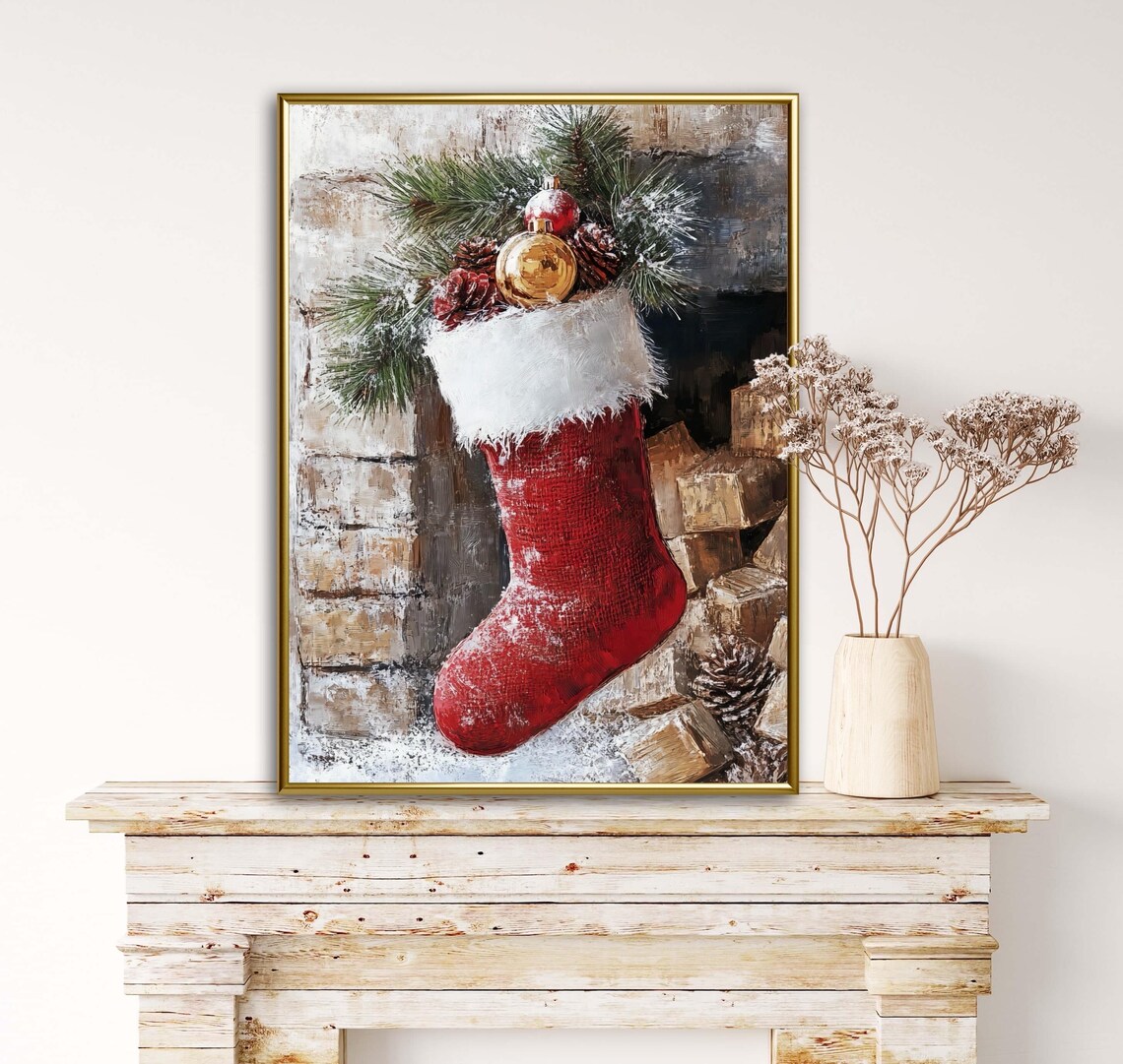 Vintage Christmas Stocking Art Print, Cottagecore Farmhouse - Image 5