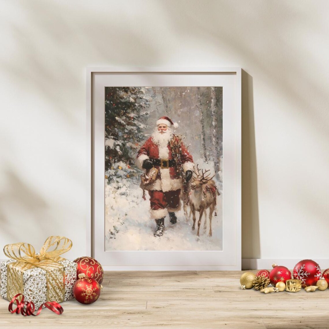 Vintage Christmas Santa and Reindeer Winter Poster - Image 4