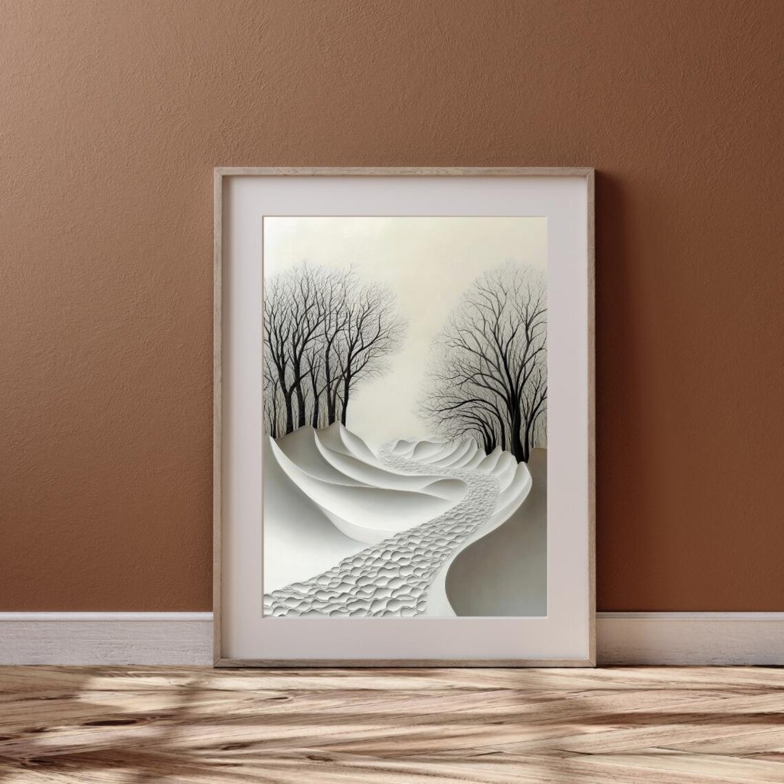 Minimalist Black and White Winter Path Through Bare Trees Snow Wall Art Poster - Image 5