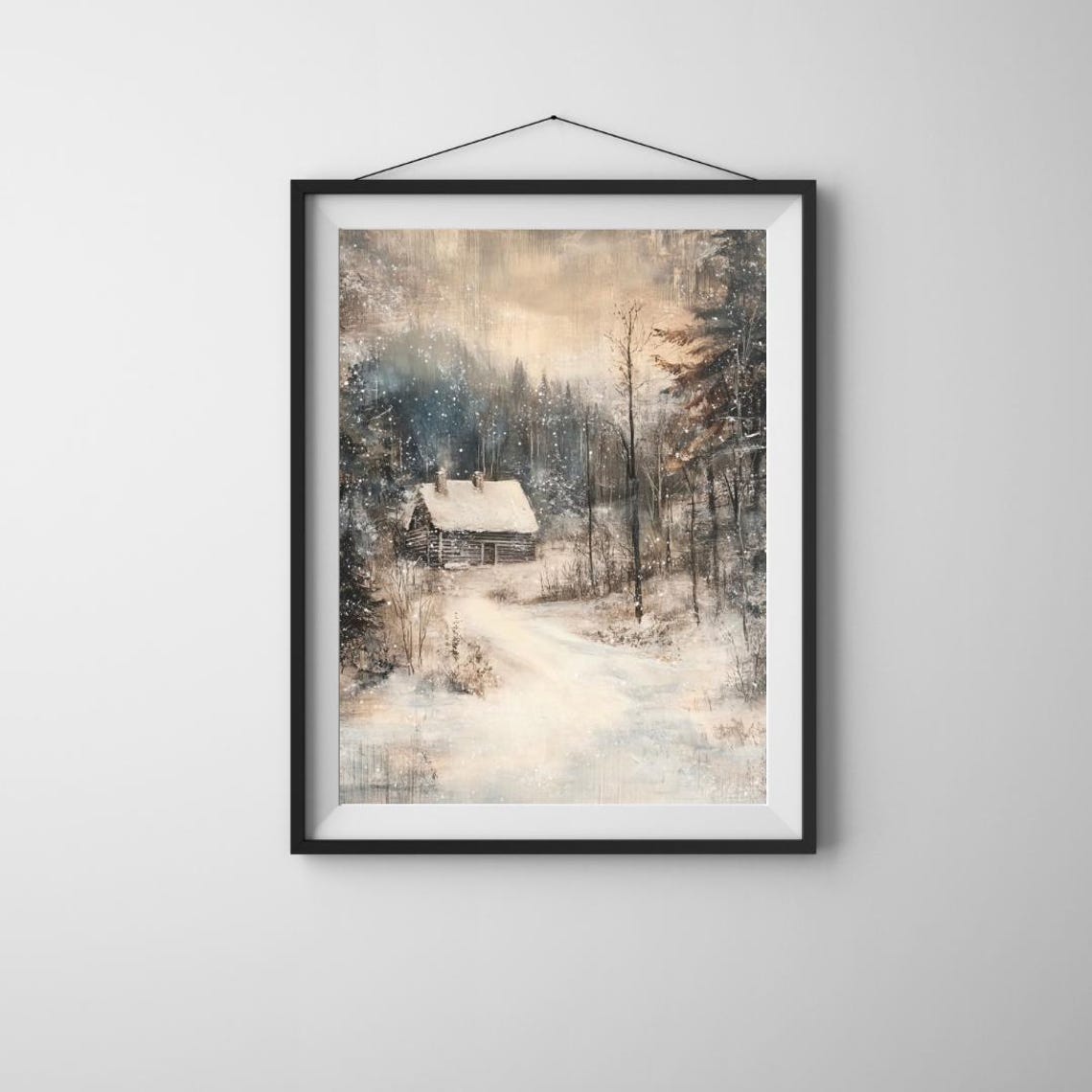 Moody Snow Covered Forest Cabin Winter Woodland Landscape Poster - Image 2