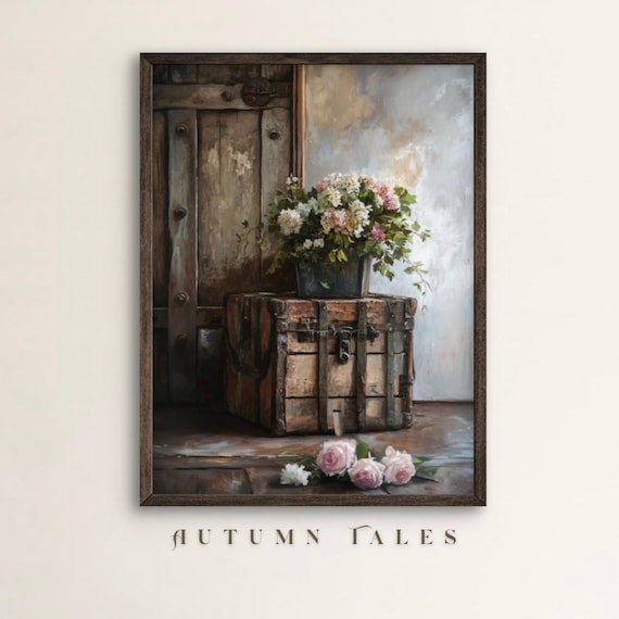 Moody Farmhouse Floral Wall Art Print Spring Farmhouse Wall Decor Wildflowers On Rustic Trunk Chest Pink Rose Cottagecore