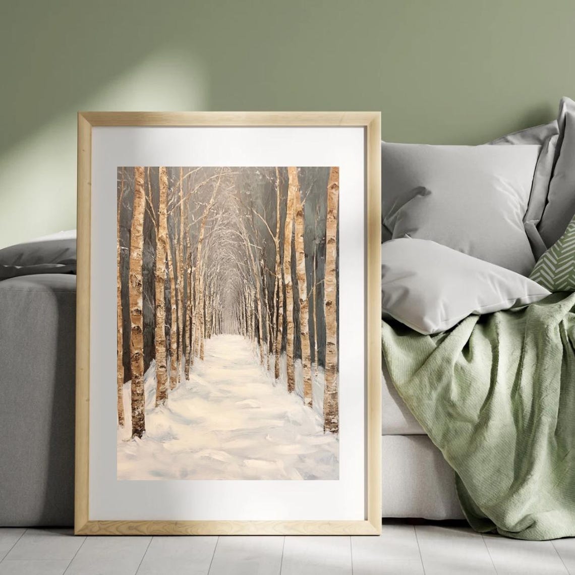 Winter Birch Forest Snowy Tree Lined Lane Neutral Landscape Poster - Image 2
