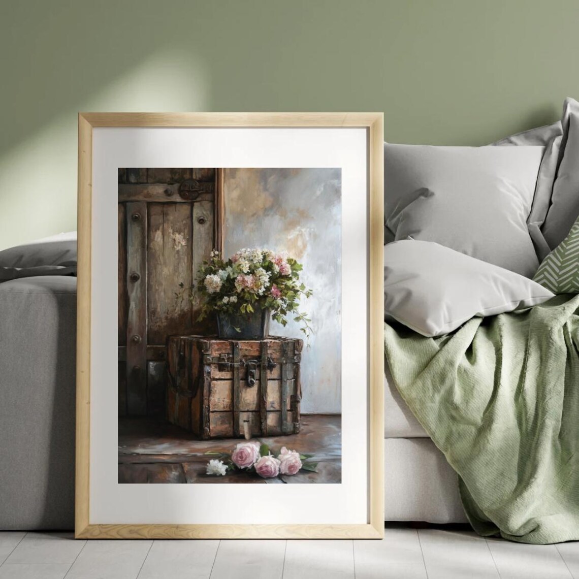 Rustic Trunk Flowers Wooden Door Farmhouse Still Life Art Poster - Image 2