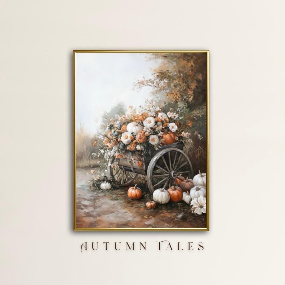 Vintage Cart Loaded With Pumpkins and Flowers Pumpkin Patch Fall Wall Art