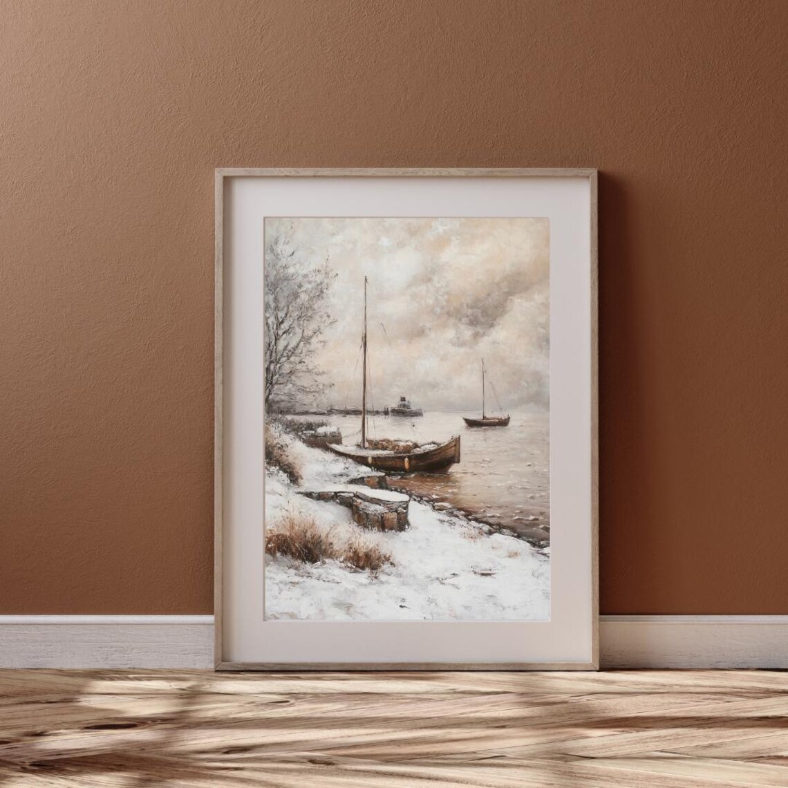 Snowy Lakeshore Sailboat Winter Moody Coastal Scene Art Poster - Image 6