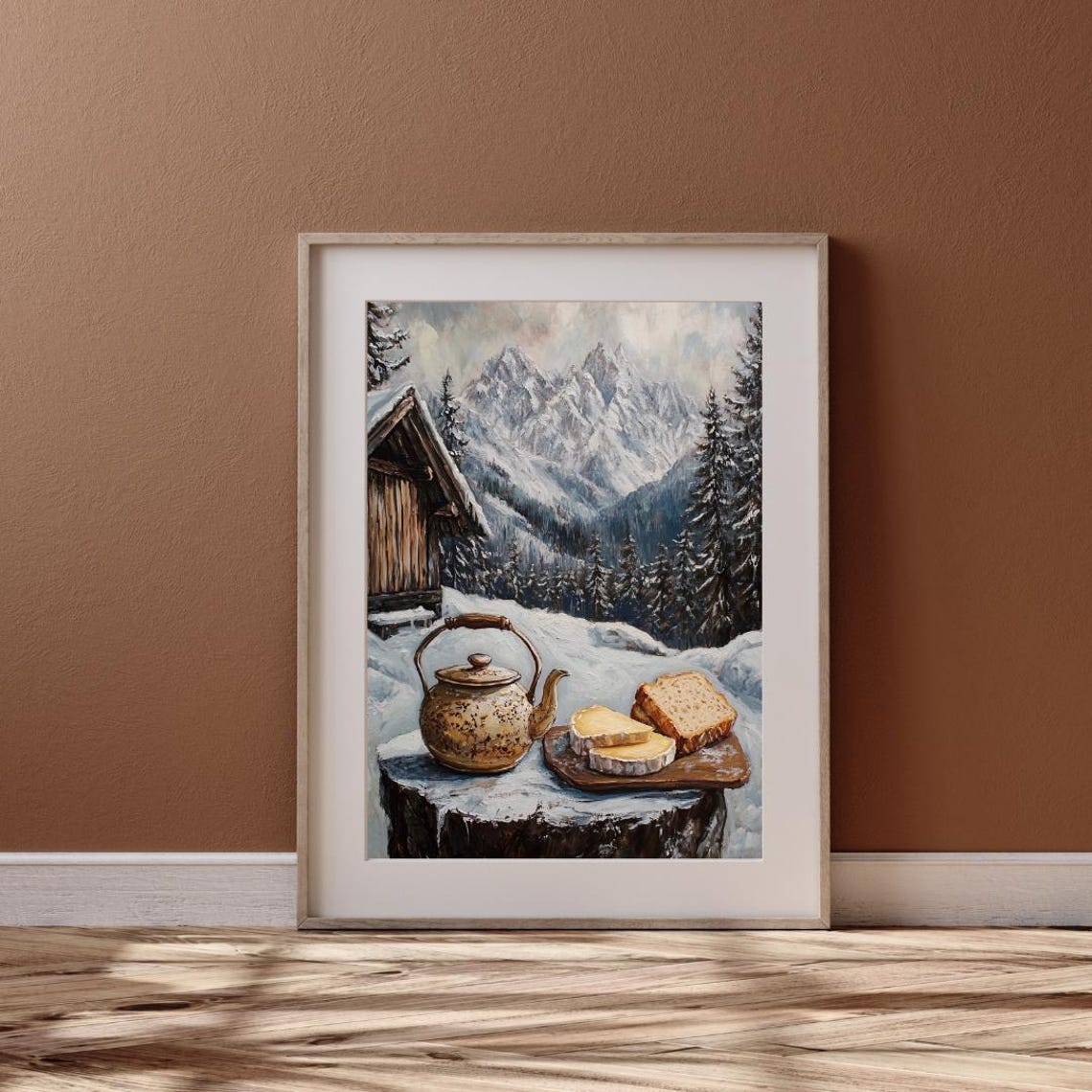Alpine Tea Time Teapot Bread Cheese Snowy Mountain Art Poster - Image 6