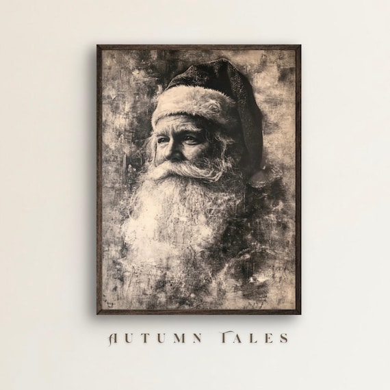 Santa Claus Charcoal Pencil Portrait Wall Art Print Vintage Moody People Art Grayscale Black White Santa Christmas Art Decor