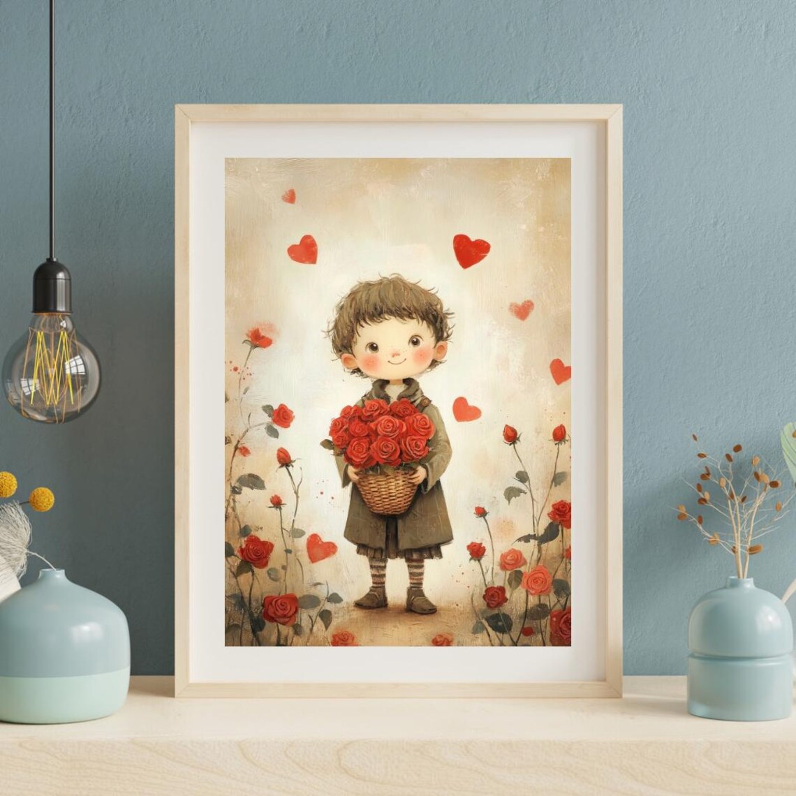 Boy With Roses Basket Painting Hearts Autumn Tales Vintage Poster - Image 5