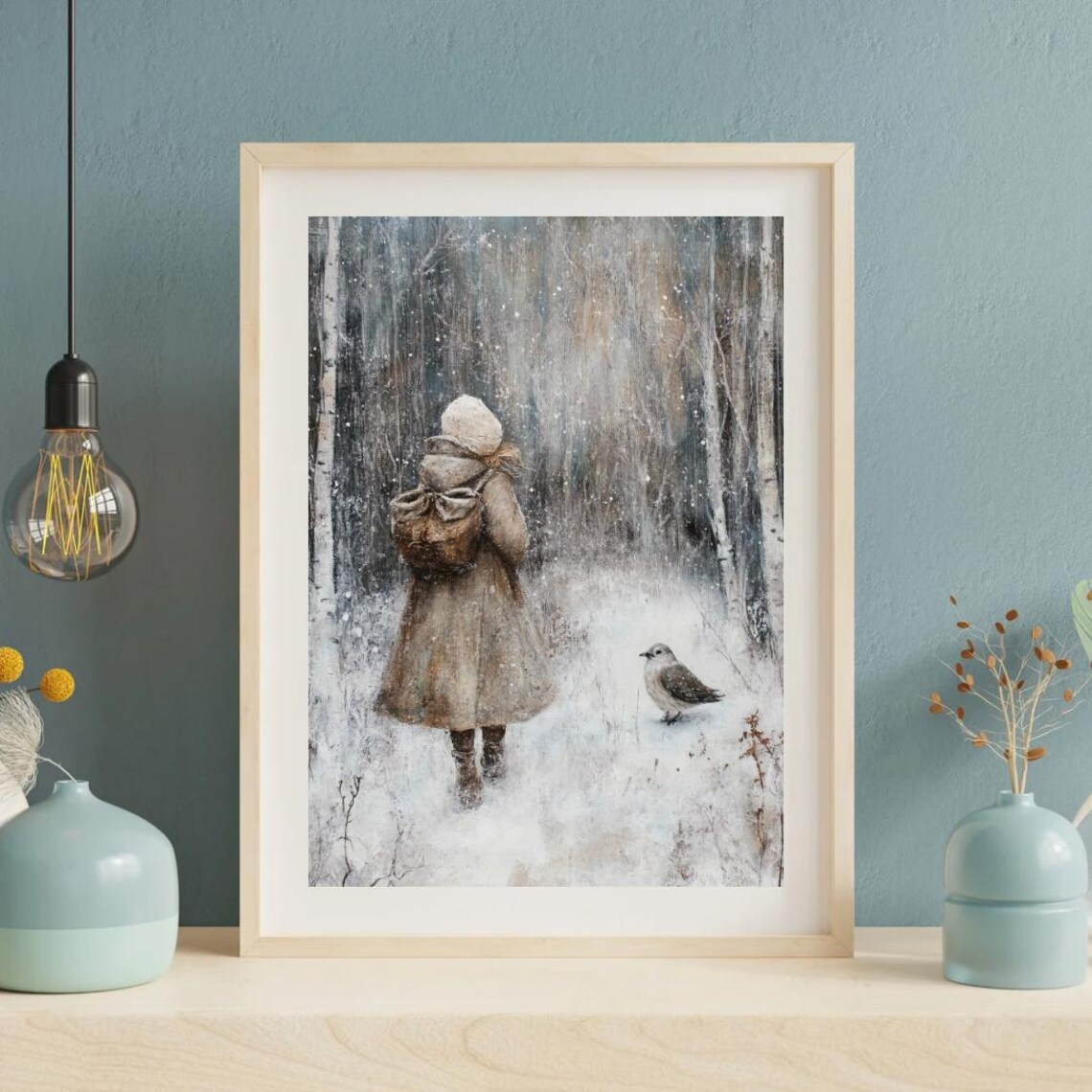 Winter Forest Girl And Bird, Moody Vintage Art Print - Image 2