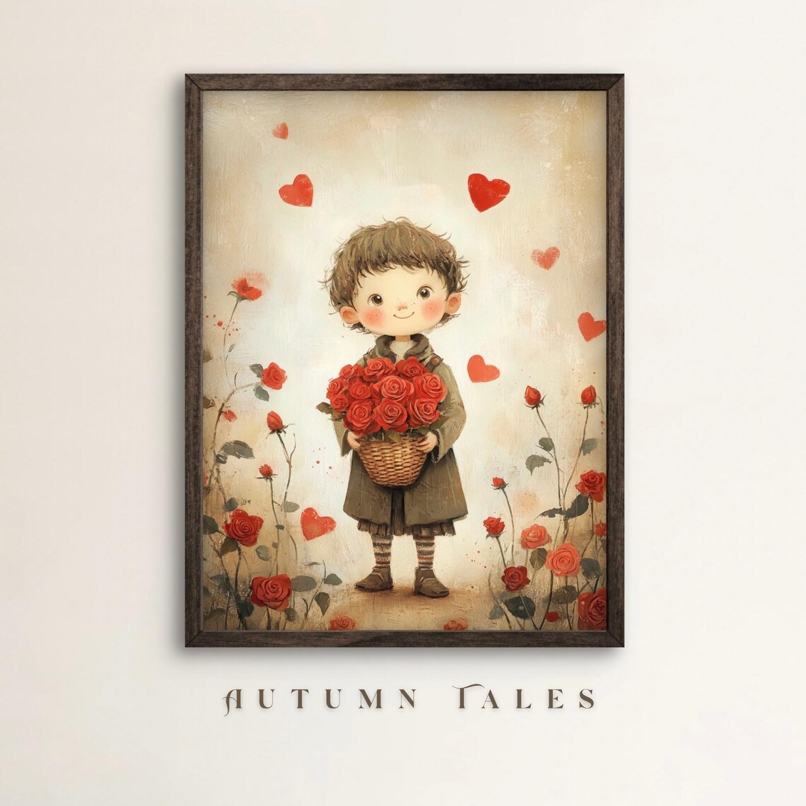 Valentines Wall Art Print Of A Little Boy With A Basket Of Roses Surroudned By Red Heart And Rose Flowers Kids Valentines Gift
