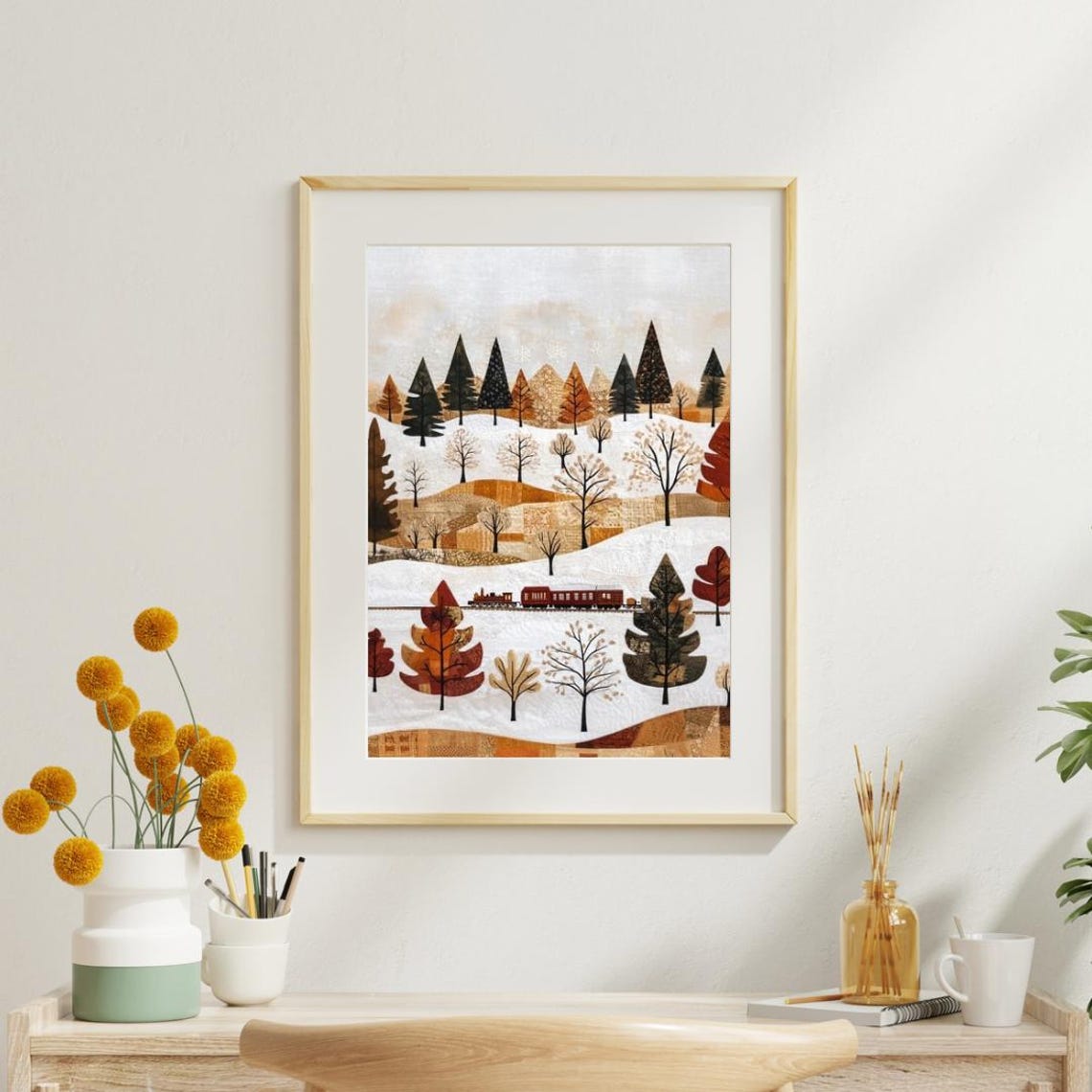 Folk Patchwork Train Snowy Hills Autumn Trees Christmas Poster - Image 3