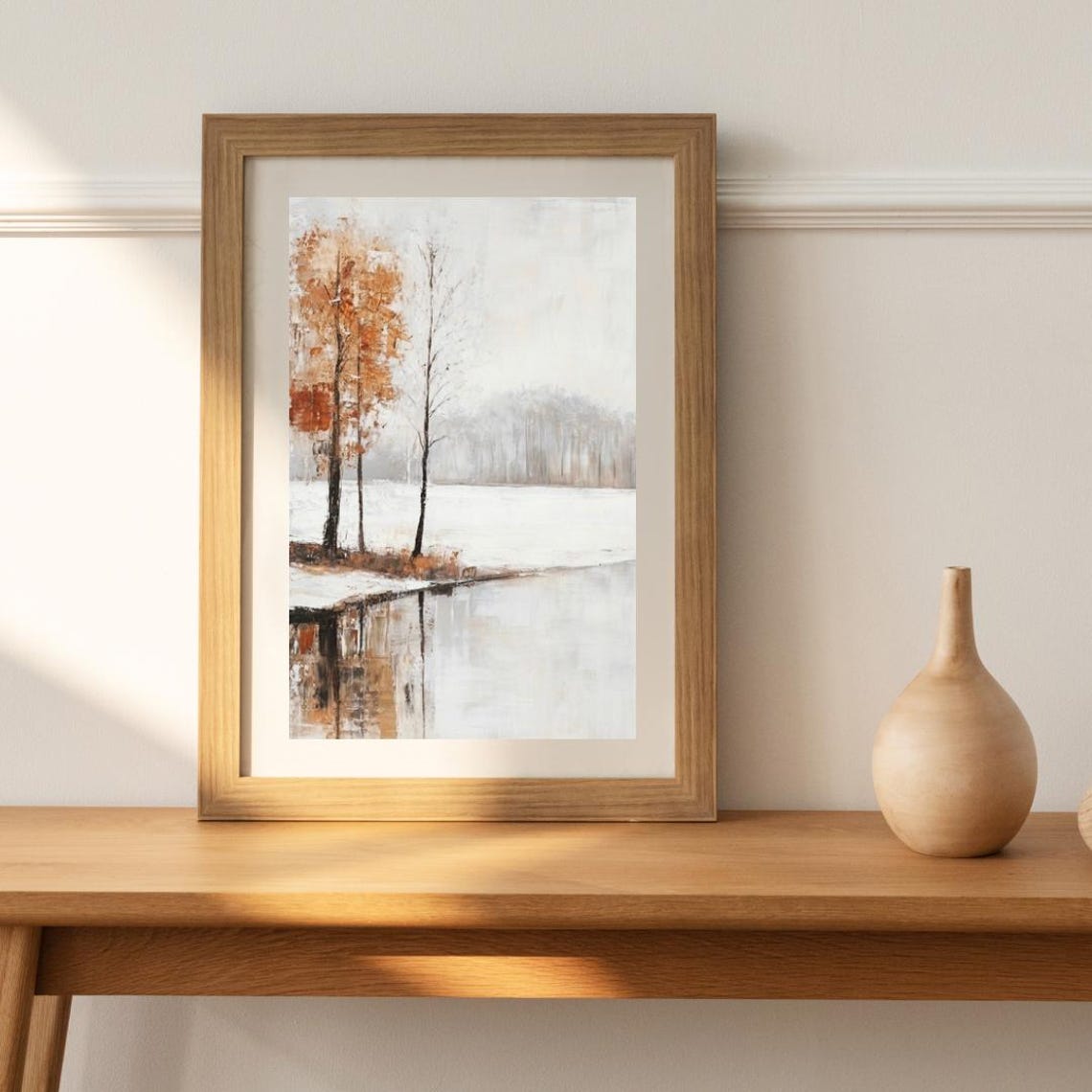 Moody Autumn Trees Lakeside Still Lake Landscape Warm Tone Poster - Image 2