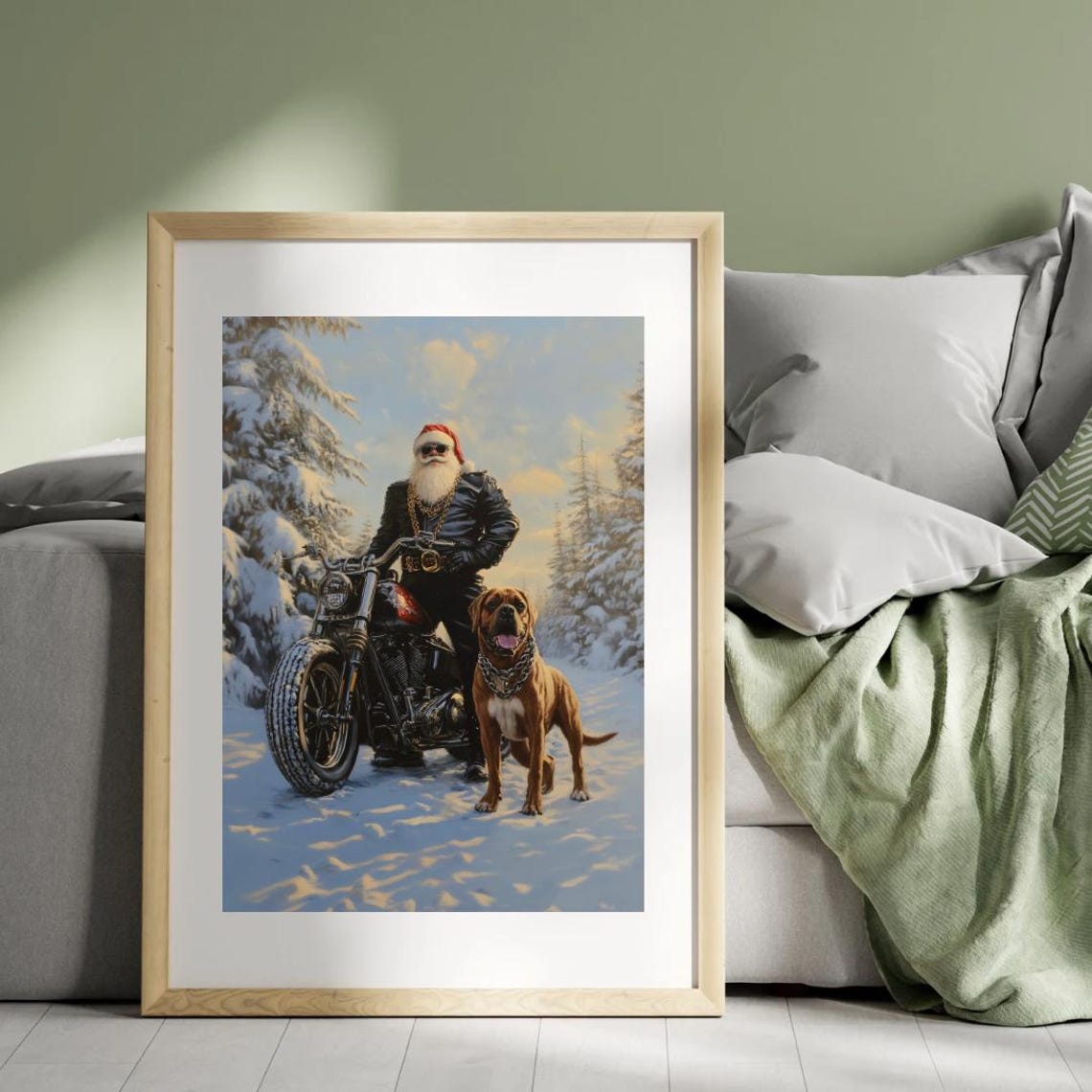 Biker Santa Motorcycle with Big Dog Funny Winter Holiday Poster - Image 4