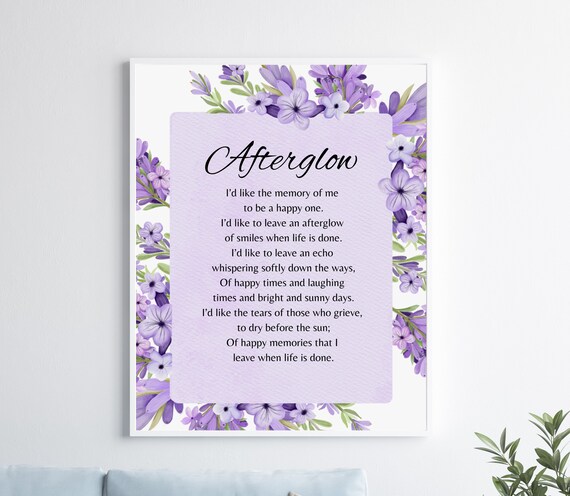 Afterglow Memorial Funeral Poem Print With Purple Floral Border
