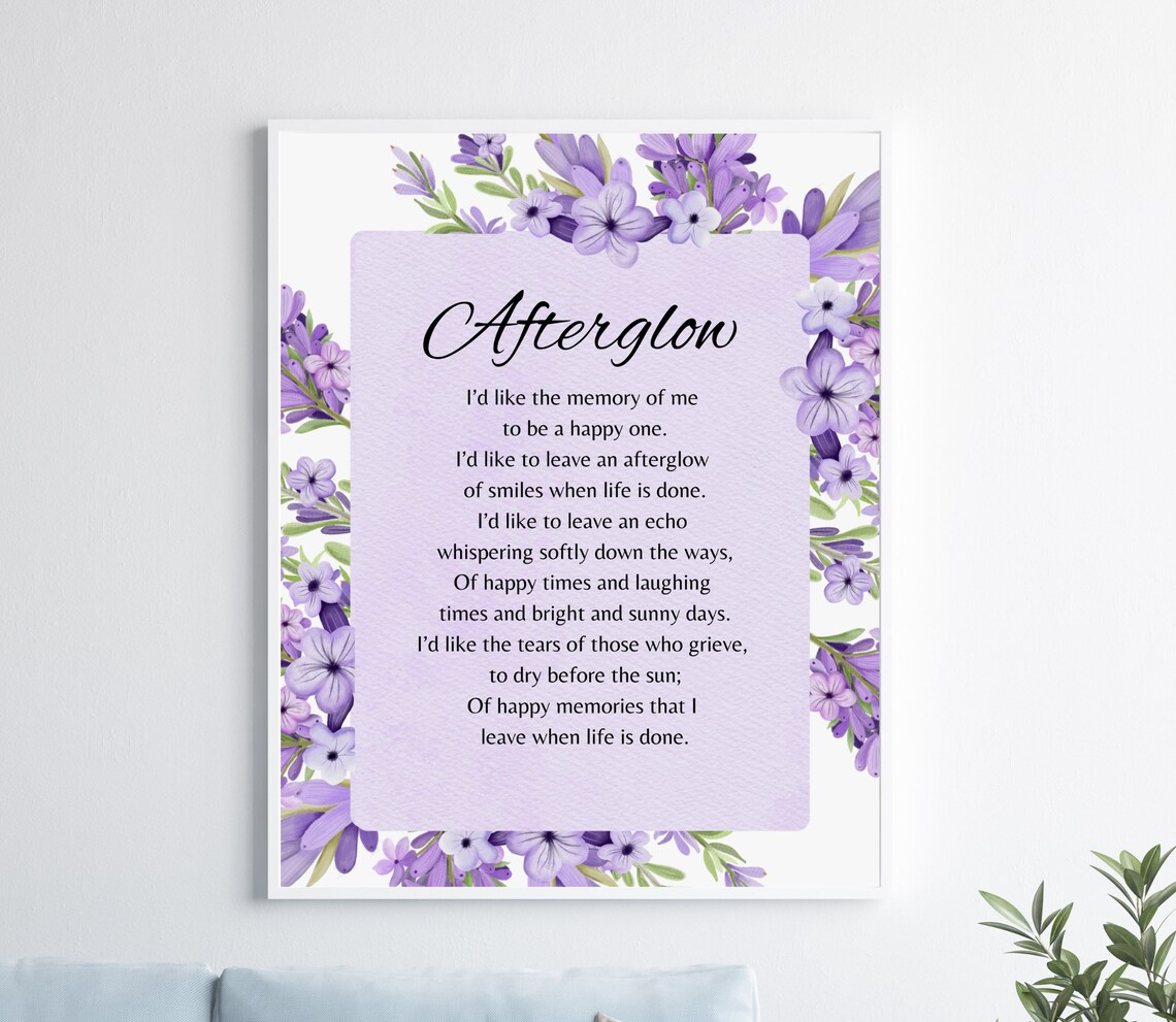 Afterglow Memorial Funeral Poem Print With Purple Floral Border