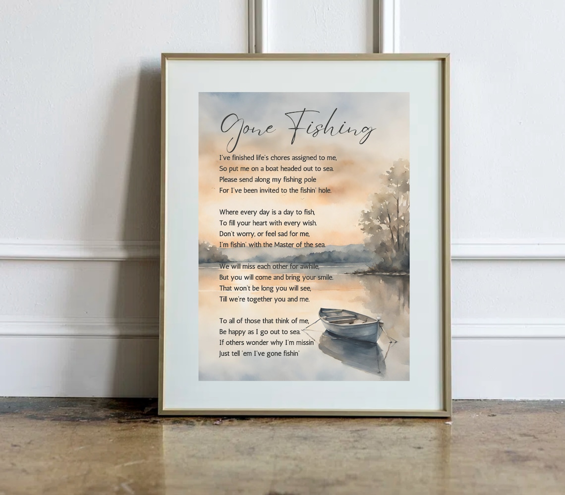 Gone Fishing Memorial Poem Print With Lakeside Boat Watercolor