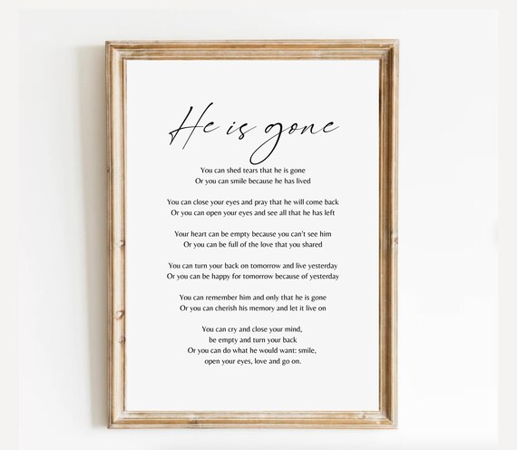 He Is Gone Elegant Minimalist Script Sympathy Memorial Poem Poster