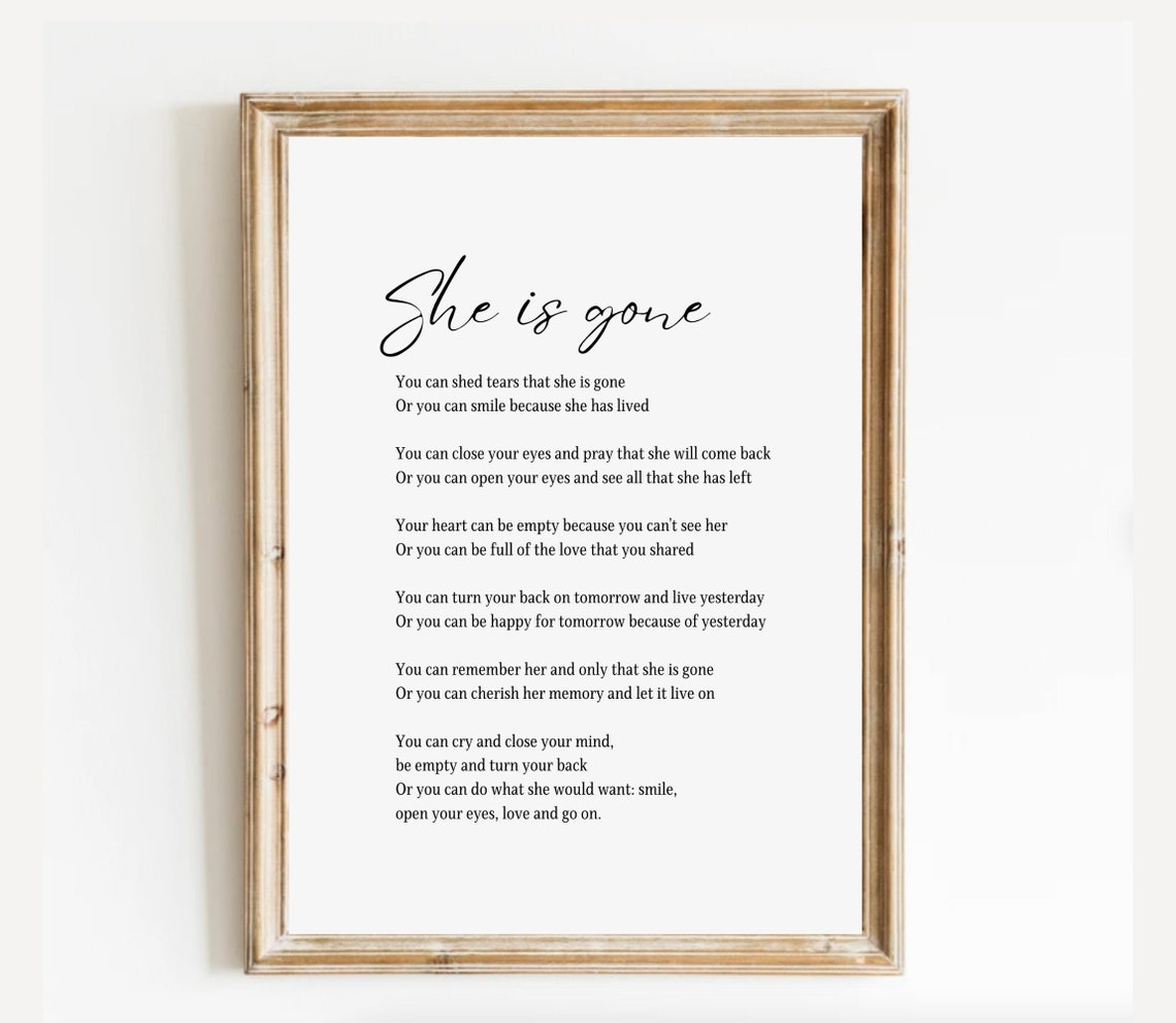 She Is Gone Elegant Minimalist Script Sympathy Memorial Poem Poster