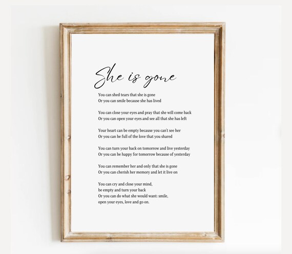She Is Gone Elegant Minimalist Script Sympathy Memorial Poem Poster