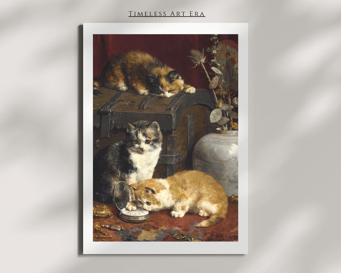 Three Playful Kittens With Pocket Watch Vintage Painting Poster