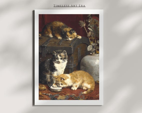 Three Playful Kittens With Pocket Watch Vintage Painting Poster