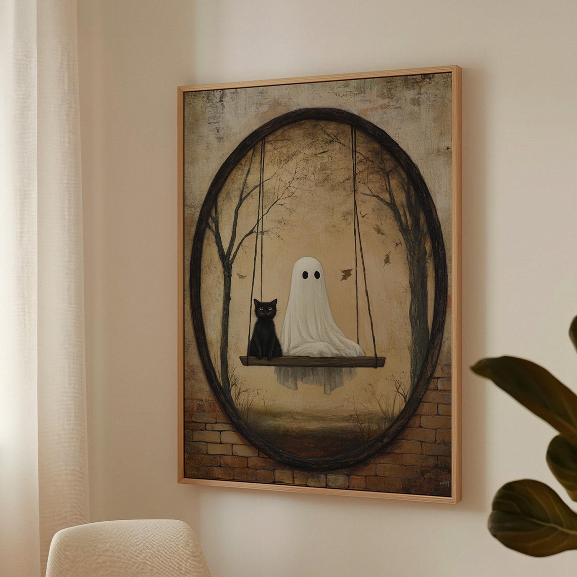 Ghost and Black Cat on Swing Rustic Oval Frame Spooky Cute Wall Poster