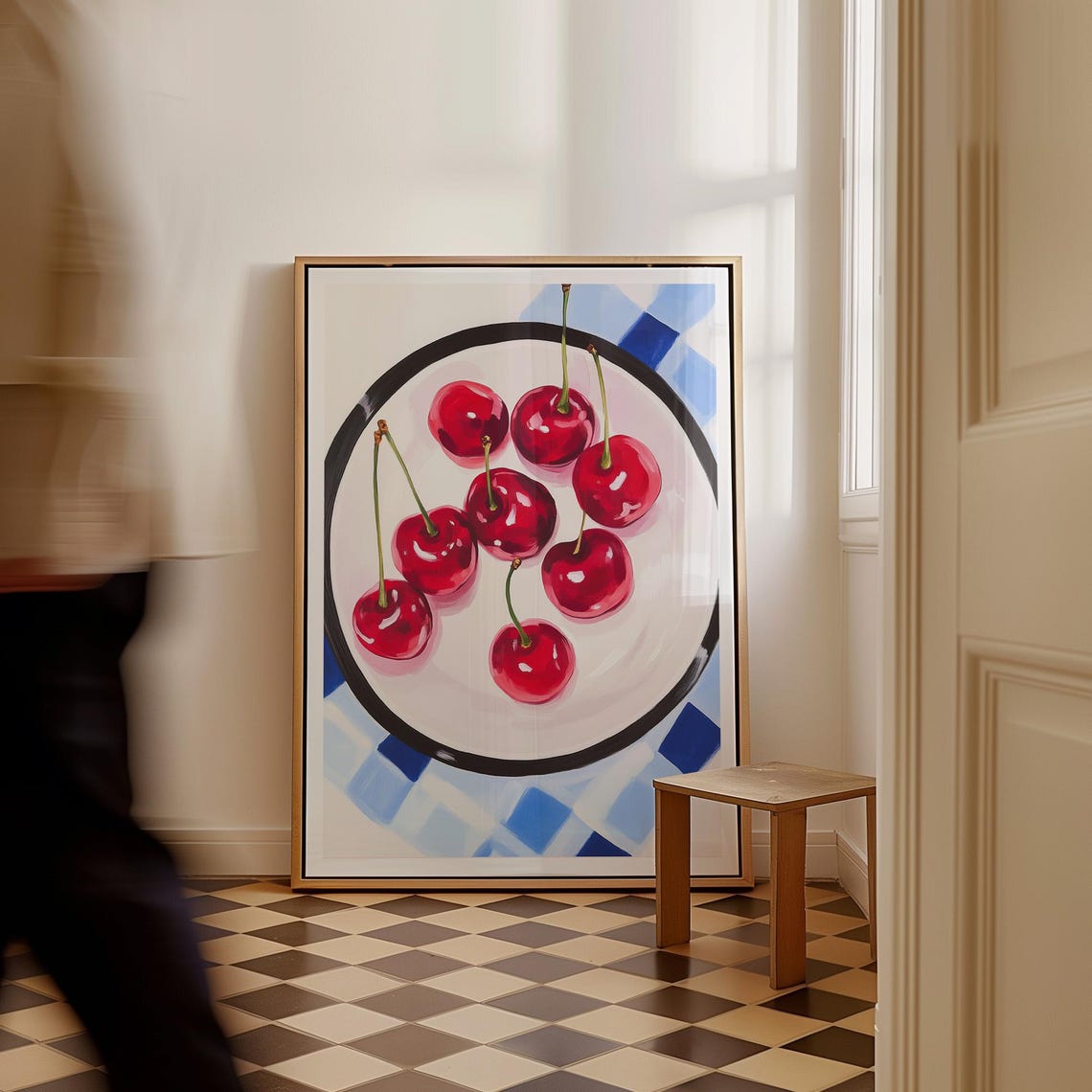 Retro Cherry Still Life in Bowl on Blue Checkered Cloth Poster - Image 2