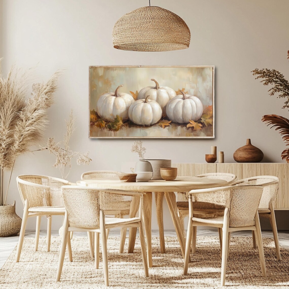 Four White Pumpkins Soft Fall Background Vintage Autumn Oil Painting Poster - Image 2