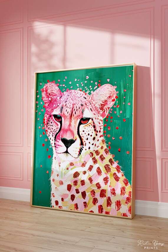 Pink Glitter Cheetah Face Close Up Emerald Green Preppy Wall Art