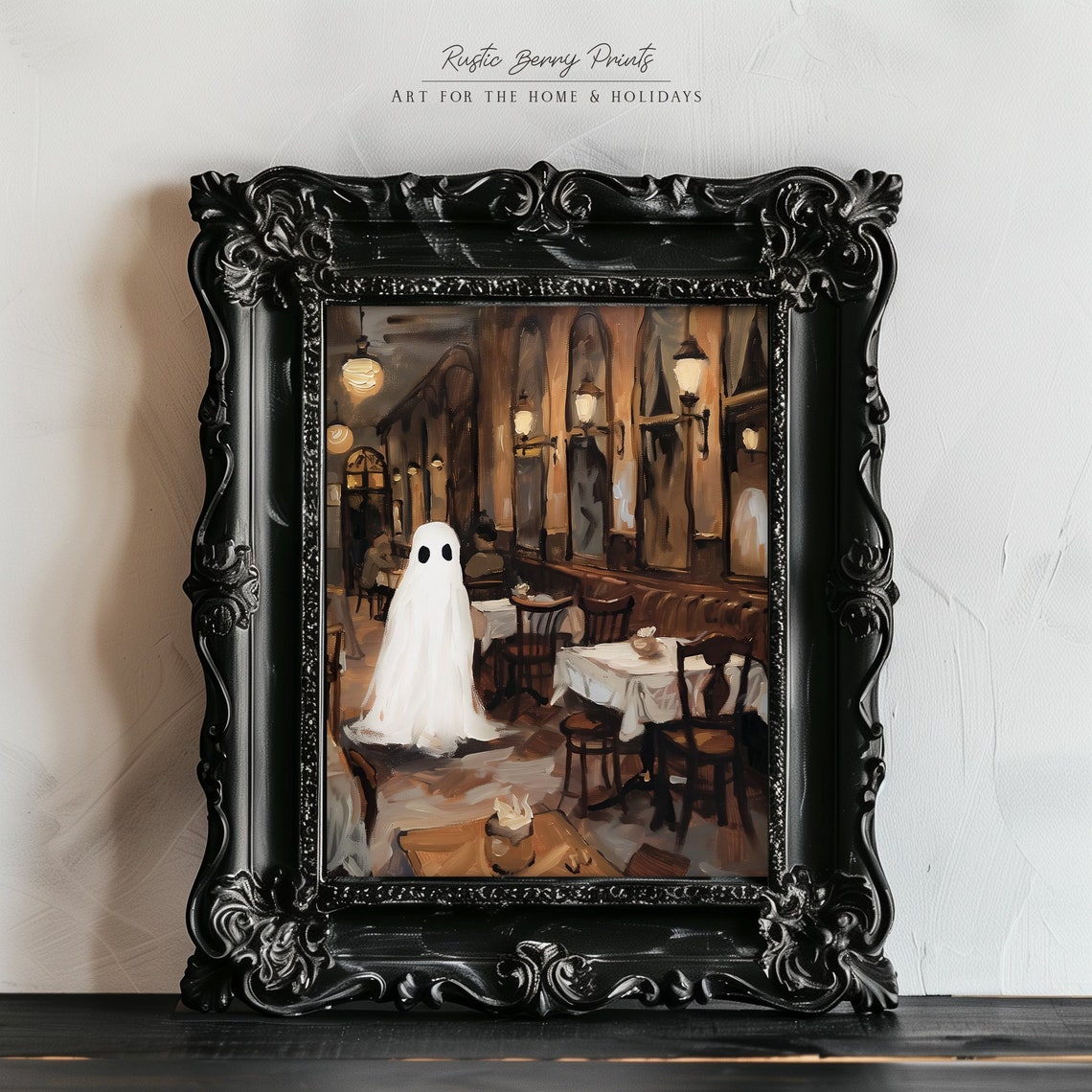 Ghost In Candlelit Cafe Interior Warm Lights Cozy Halloween Wall Art
