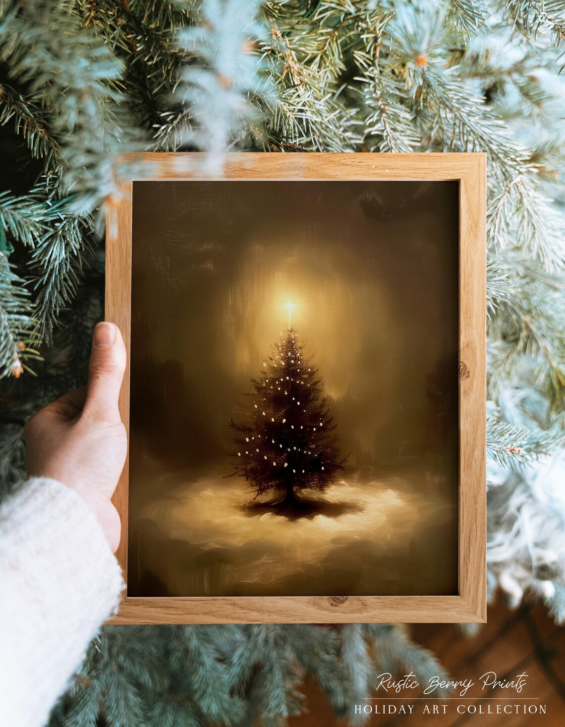 Moody Golden Lit Christmas Tree Star Misty Brown Vintage Art Poster