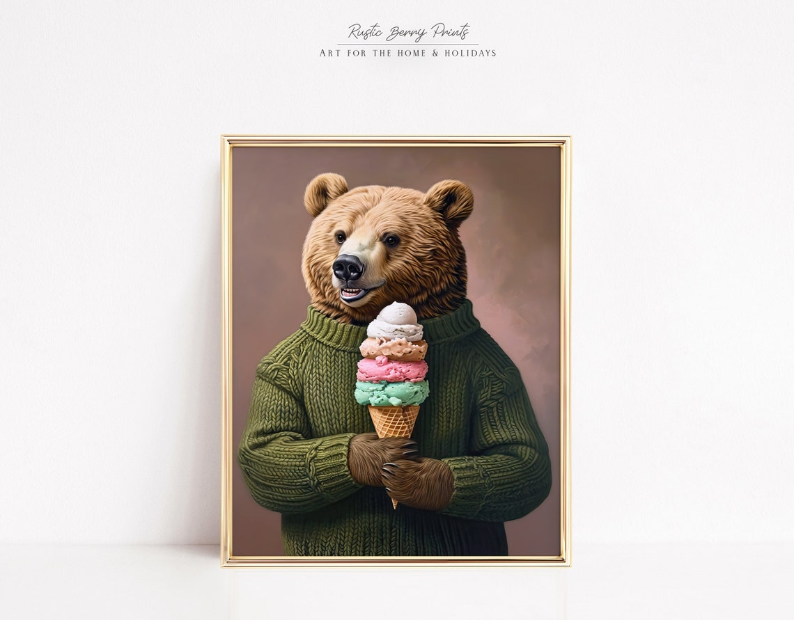 Smiling Brown Bear Green Sweater Ice Cream Cone Cute Animal Art Poster
