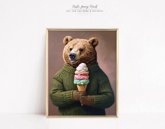 Smiling Brown Bear Green Sweater Ice Cream Cone Cute Animal Art Poster