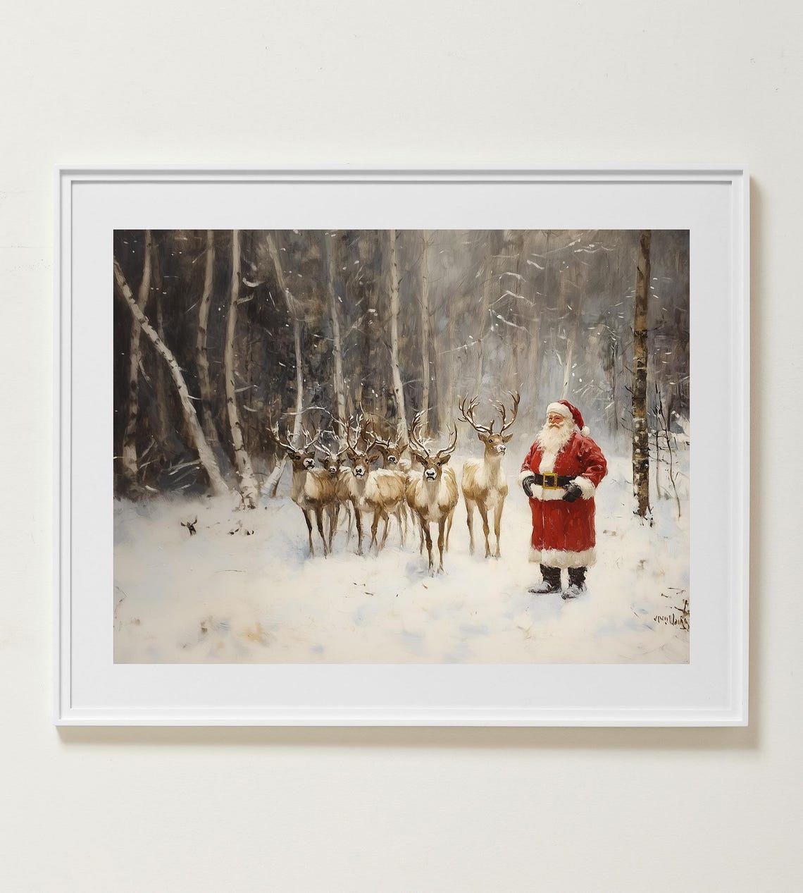 Santa Claus with Reindeer Herd in Snowy Birch Forest Scene Poster