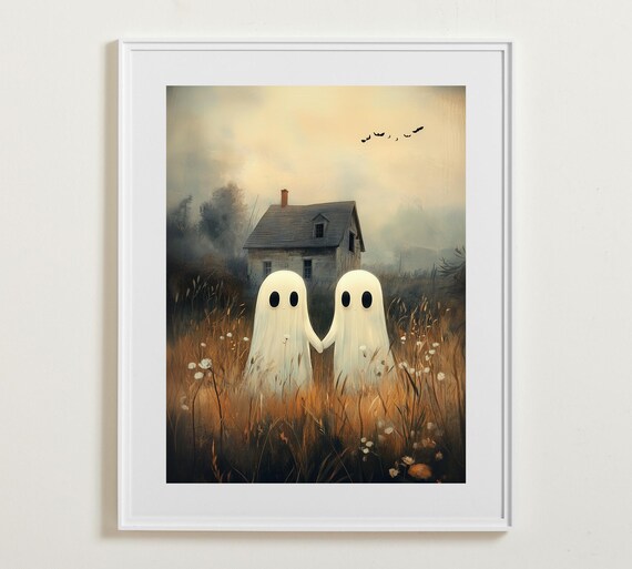 Halloween Ghost Wall Art Cute Ghosts In Field Spooky Fall Poster Gallery Vintage Wall Art Instant Wall Art