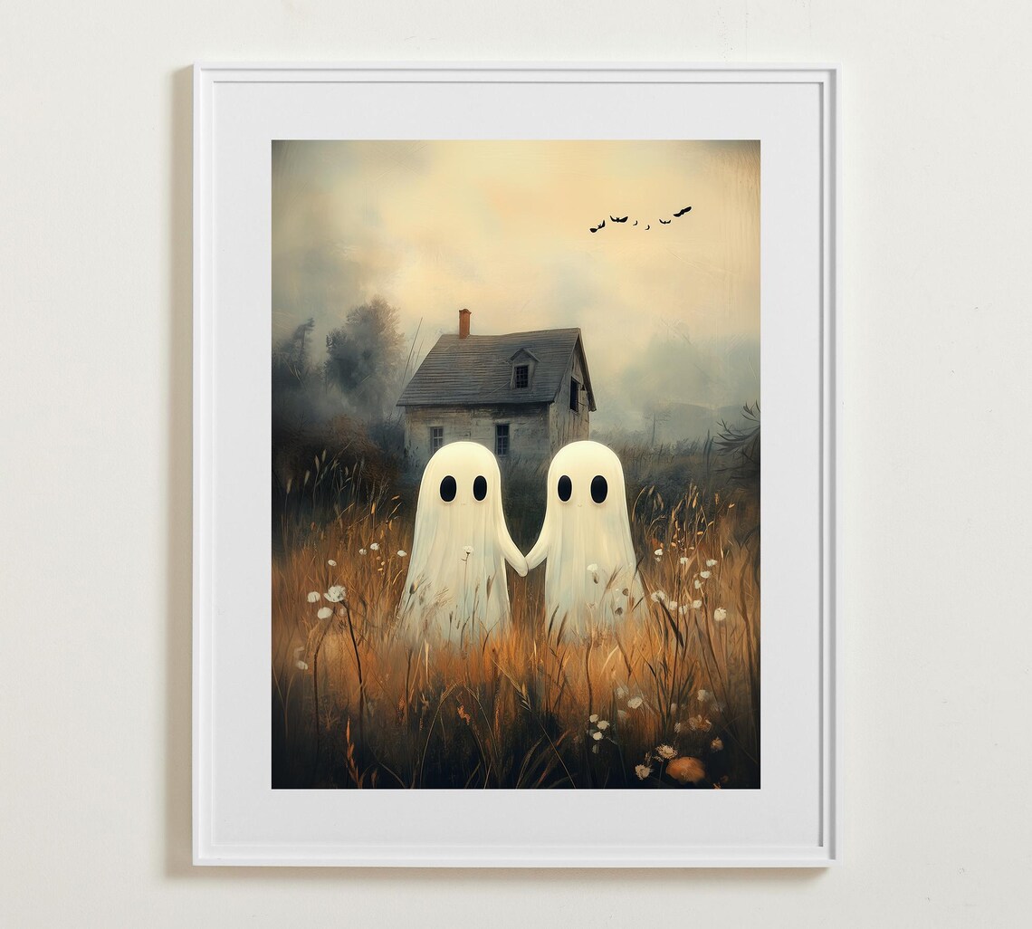 Halloween Ghost Wall Art Cute Ghosts In Field Spooky Fall Poster Gallery Vintage Wall Art Instant Wall Art