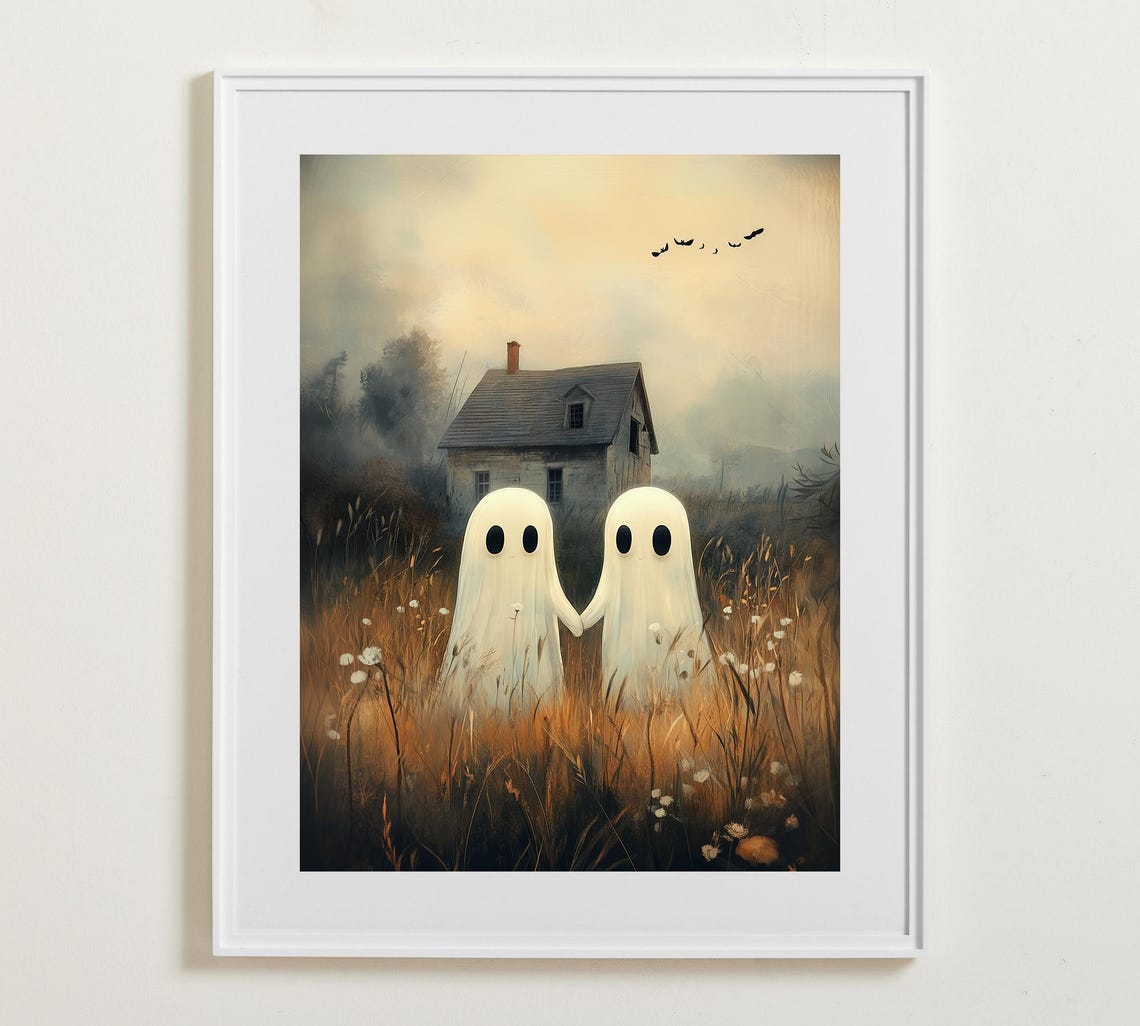 Two Cute White Ghosts Holding Hands In A Golden Meadow Poster