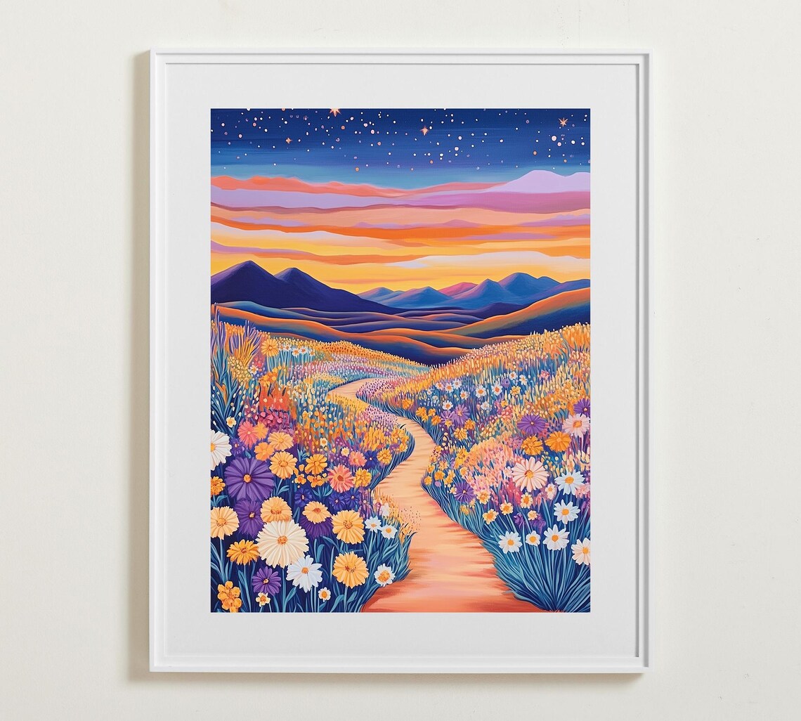 Wildflower Meadow Path Starry Sunset Mountain Colorful Illustrated Art Poster