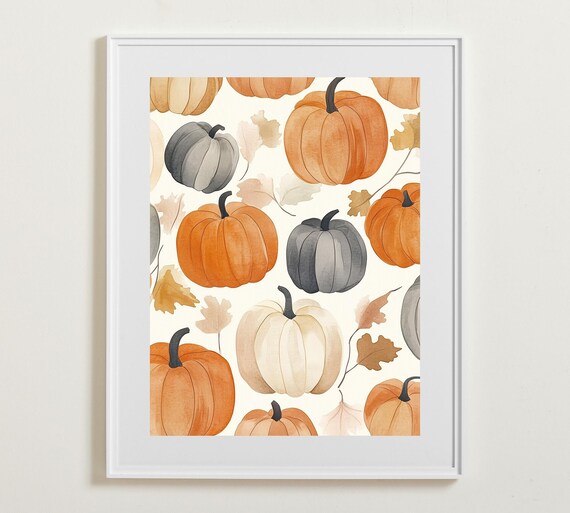 Watercolor Pumpkin Pattern Orange Cream Gray Fall Leaves Cozy Autumn Poster