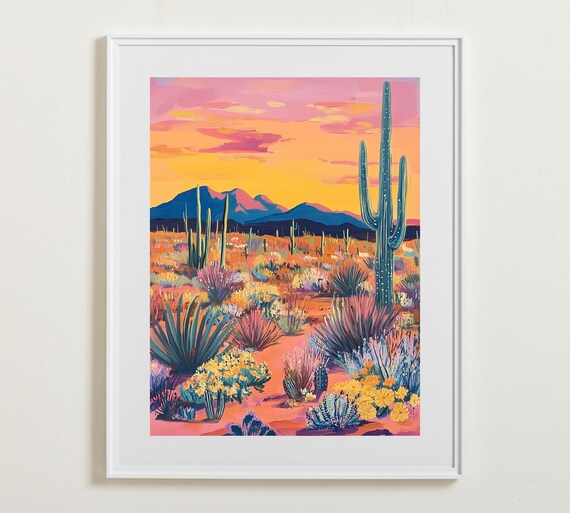 Desert Sunset Saguaro Cactus Pink Orange Sky Mountain Southwest Art Poster